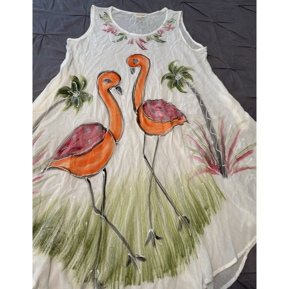 Ashley Taylor White Tunic Cover Up Handpainted Flamingo Design 1X Beach Pool
